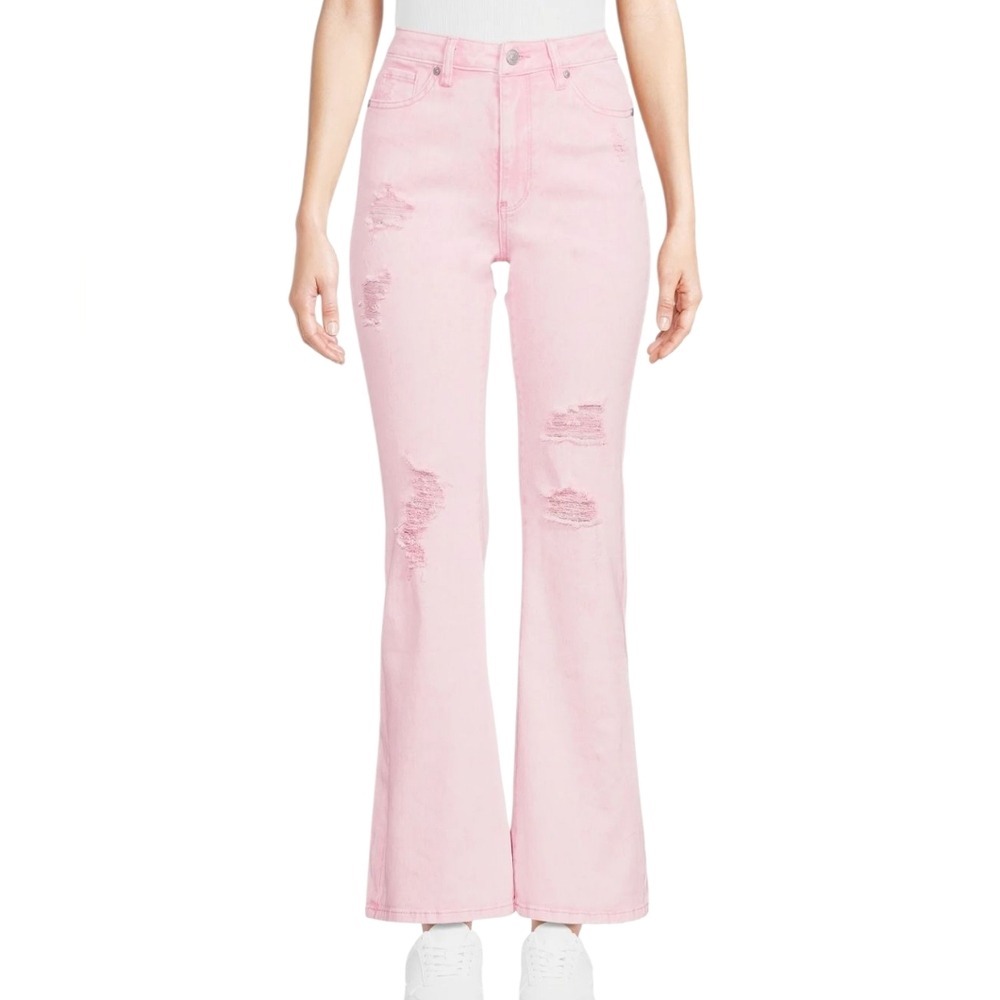Madden NYC Pink Acid Wash Distressed High Rise Flare‎ Jeans Size 5